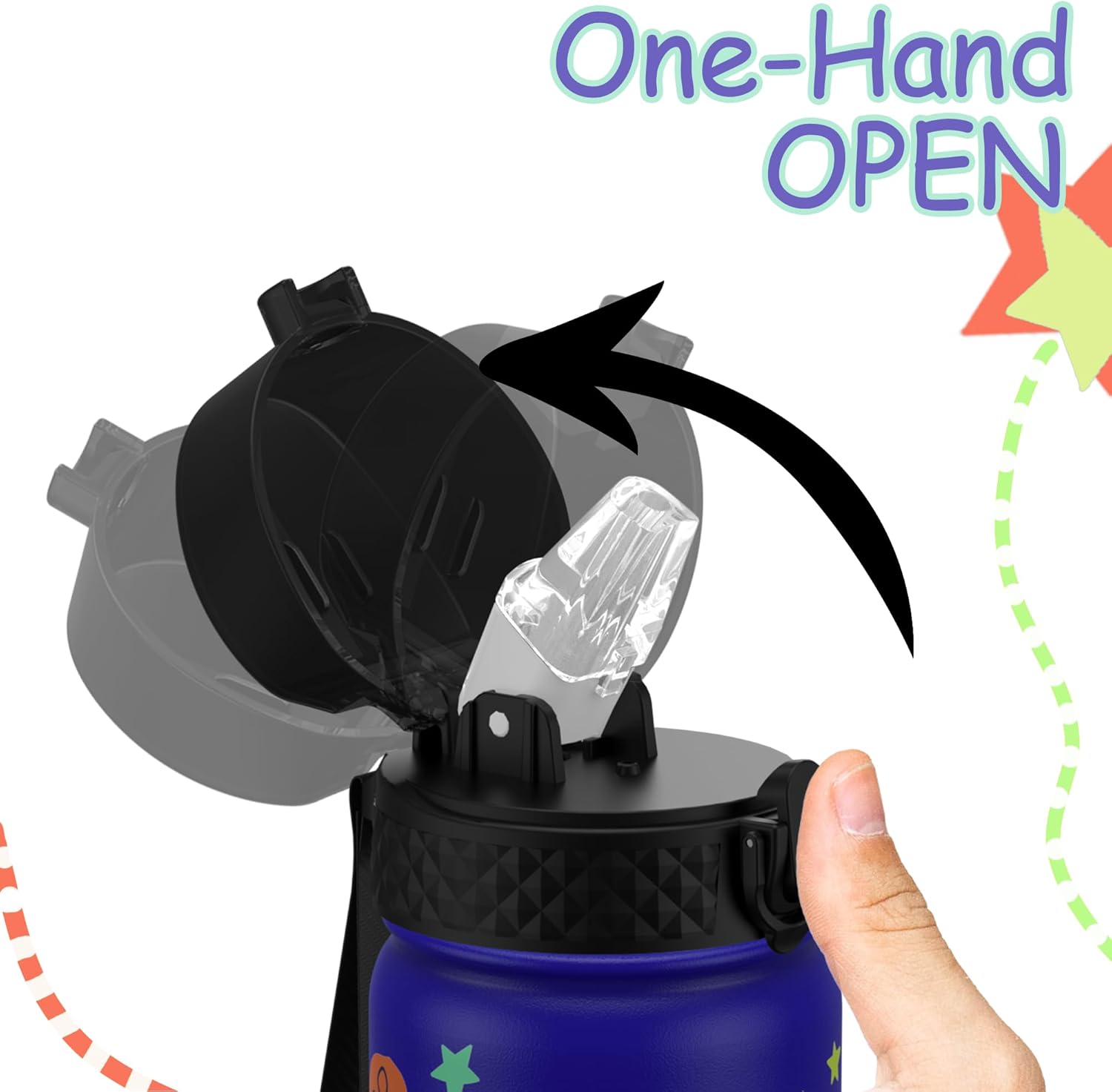 GOPPUS Kids Water Bottle (Straw Lid) - 14 Oz Stainless Steel Travel Bottle, Double Wall Vacuum Leak Proof Kids Cup for School Boys Girls,Blue Space dinosaur - Image 4