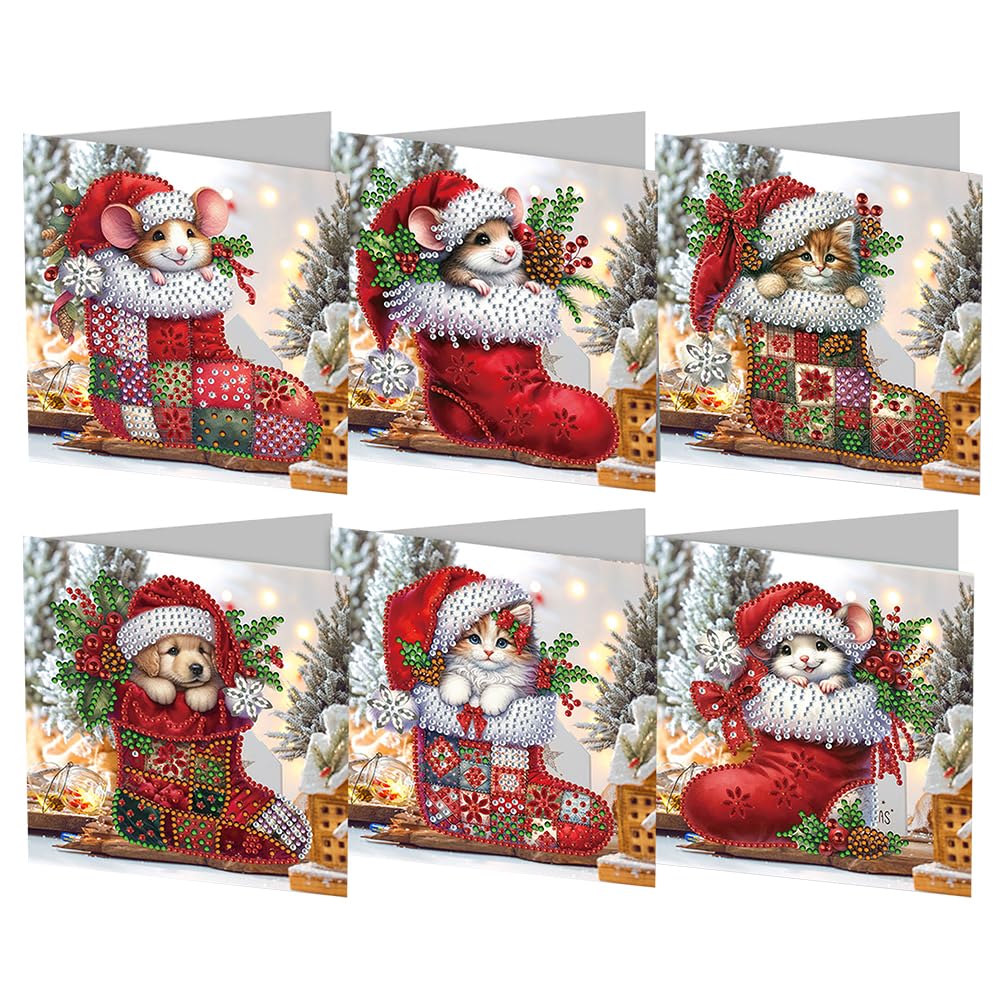 6 Pcs 5D DIY Christmas Diamond Painting Greeting Cards, Christmas Elements Diamond Art Cards, Round Drill Crystal Craft Card, Rhinestone Painting Card Kit for Family Friend Handmade Gift-16