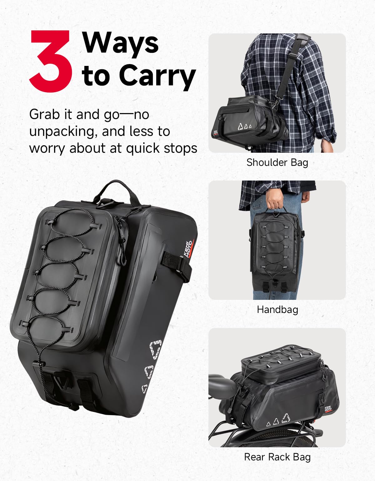 KEMIMOTO 3 in 1 Borsa Bici Posteriore, 13L Borsa per Bicicletta Posteriori Impermeabile con Striscia Riflettente, Borse per Bici con Tracolla e Maniglia per Strada Bike Mountain Bike