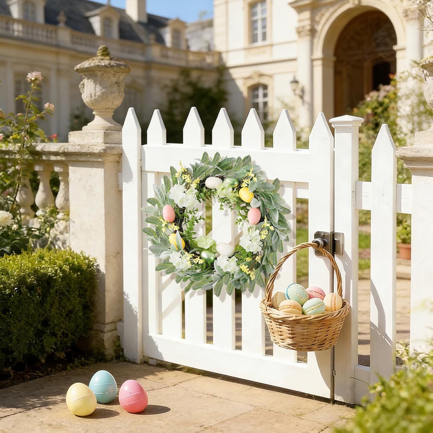 18 Inch Easter Wreath for Front Door Spring Door Wreaths with Easter Eggs Eggplant Handcrafted Wreath Garlands for Indoor Outdoor Decorations