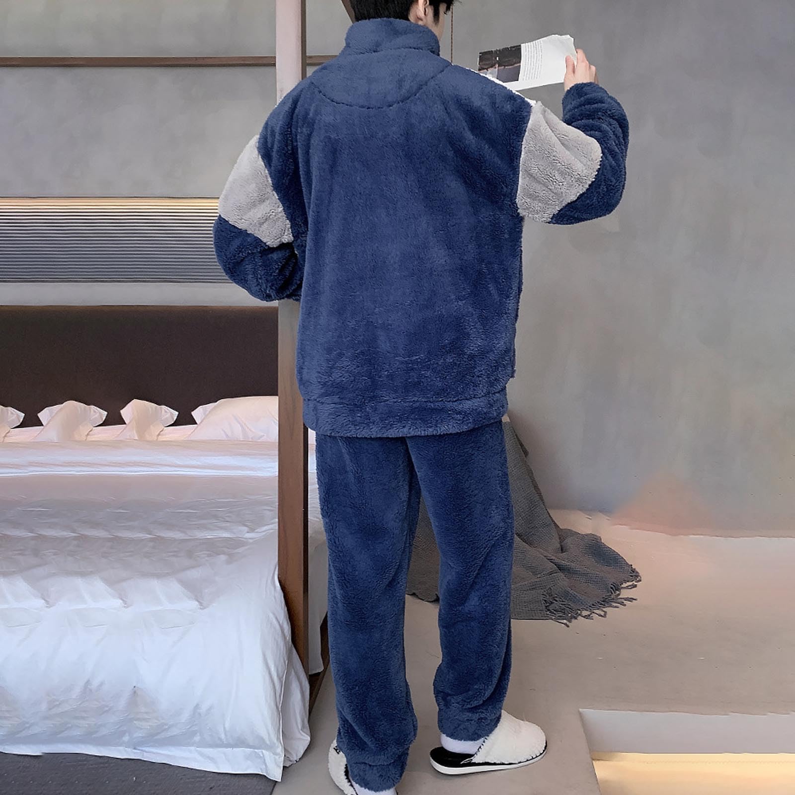 Herren Pyjama Frühling Und Autumn Sleepwear Set Lange Thermo Loungewear Bequeme Atmungsaktiv T-Shirt Einfarbiger/Karierter Pyjamahose Weich Nachtwäsche Schlafanzüge für Männer