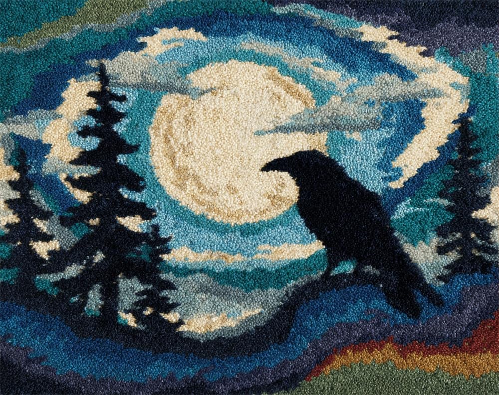 Kitquiver Latch Hook Rug Kits for Adults Full Moon Crow DIY with Printed Canvas Crochet Yarn Handmade Embroidery Crafts Crochet for Home Decoration 39X55In