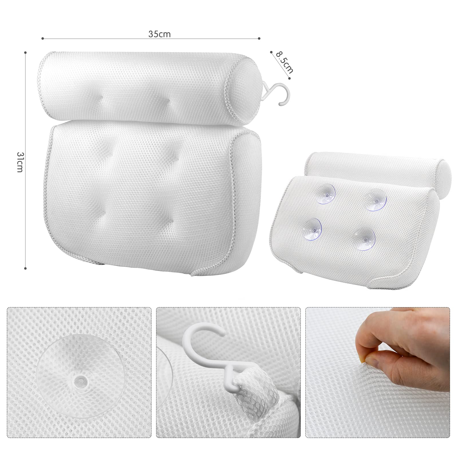 Almohada de Baño, Almohada de Bañera con 6 Ventosas Antideslizantes y 1 Gancho, Almohada de Bañera de SPA Suave de Malla 3D, Almohadas de Baño para Soporte de Cuello y Espalda de Bañera