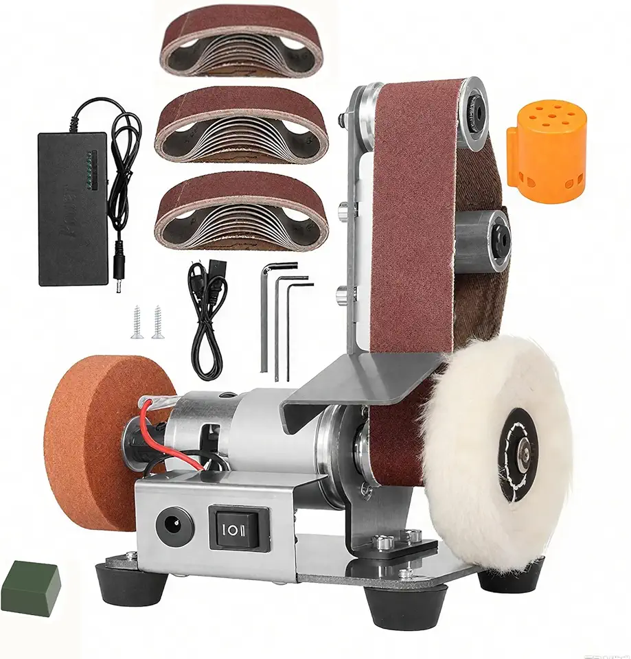 Mini lixadeira de cinto, mini moedor elétrico 3 em 1, moedor de cinto de velocidade ajustável, lixadeira de bancada para faca de madeira de metal DIY