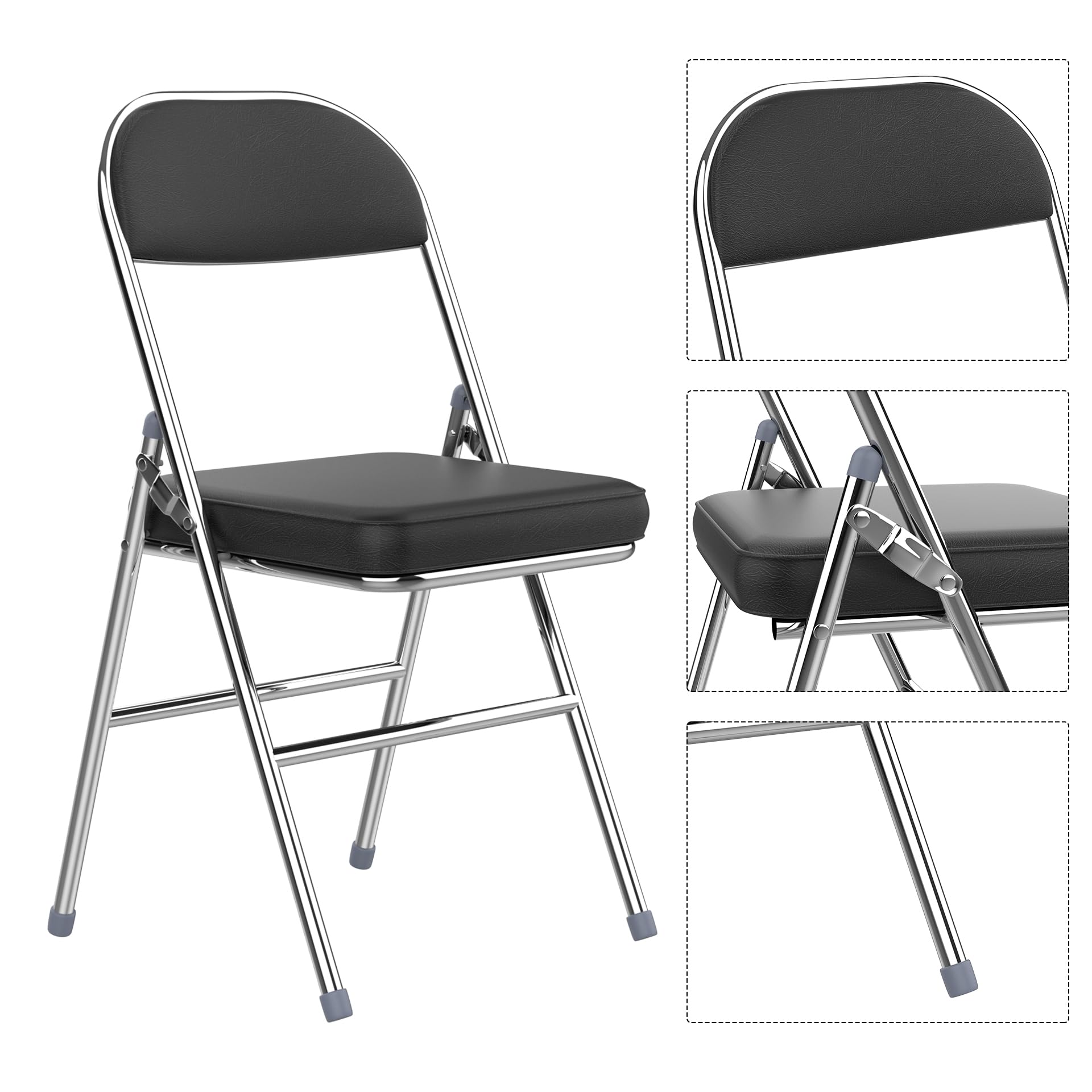 Sedie Pieghevoli Salvaspazio con Struttura in Metallo e Ecopelle Sedia Pieghevole da Interno Esterno Sedia Imbottita Portatili per Viaggio Cucina Soggiorno Camera da Letto Giardino 42x46x80 cm Nero,1