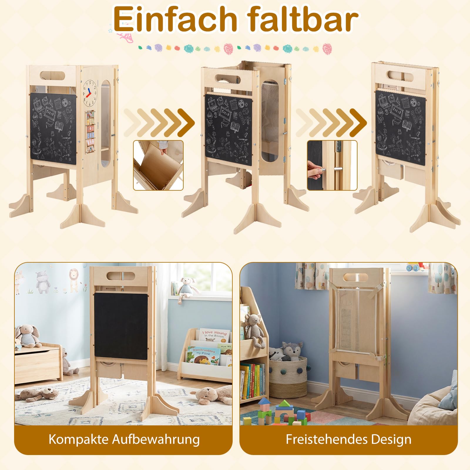 COSTWAY 4 in 1 Lernturm klappbar, Tritthocker aus Holz mit 2-Stufen Hocker, Tafel & abnehmbarem Sicherheitsnetz, Learning Tower Montessori, Tritthschemel für Kinder ab 3 Jahren, Natur
