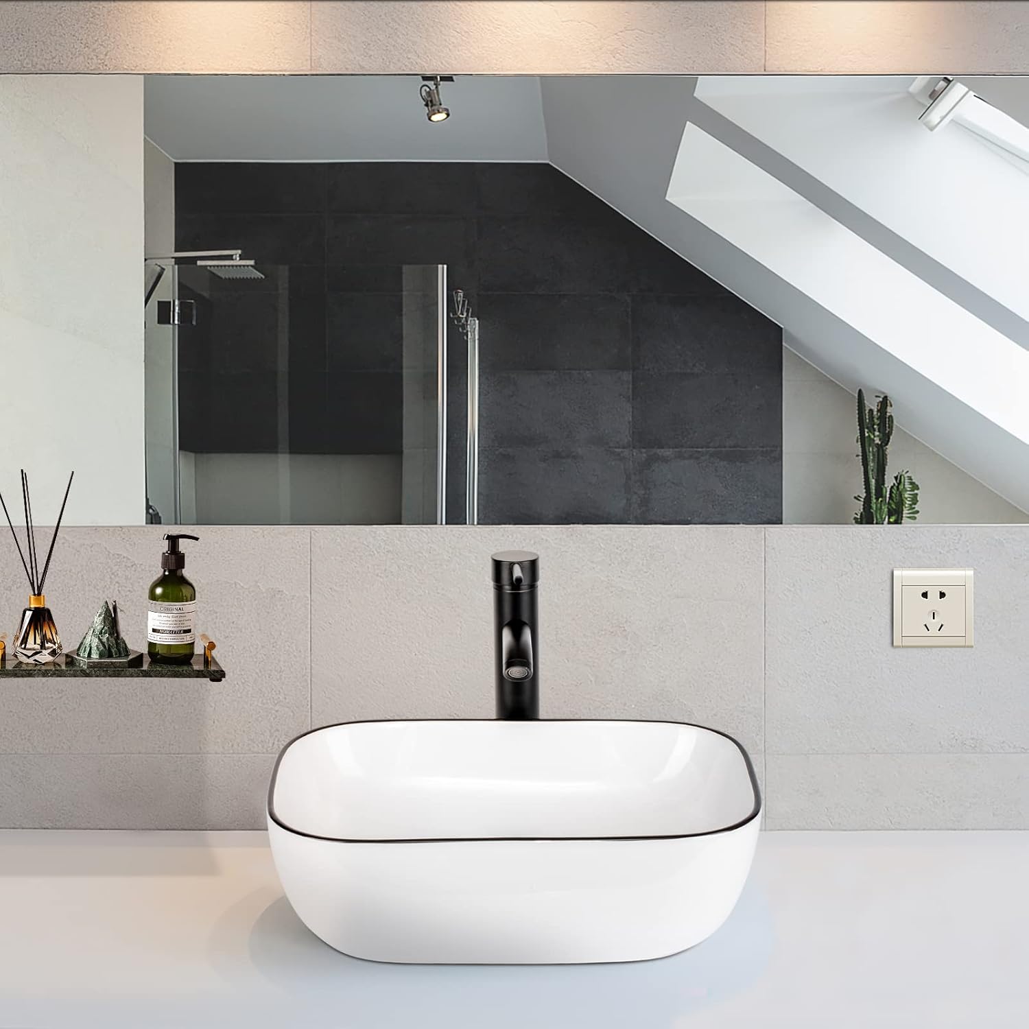 Bathroom Vessel Sink with Faucet Combo, 18" x 13" White Ceramic Above Counter Basin with Black Rim, Modern Rectangular Porcelain Vanity Sink & Pop-Up Drain for Lavatory