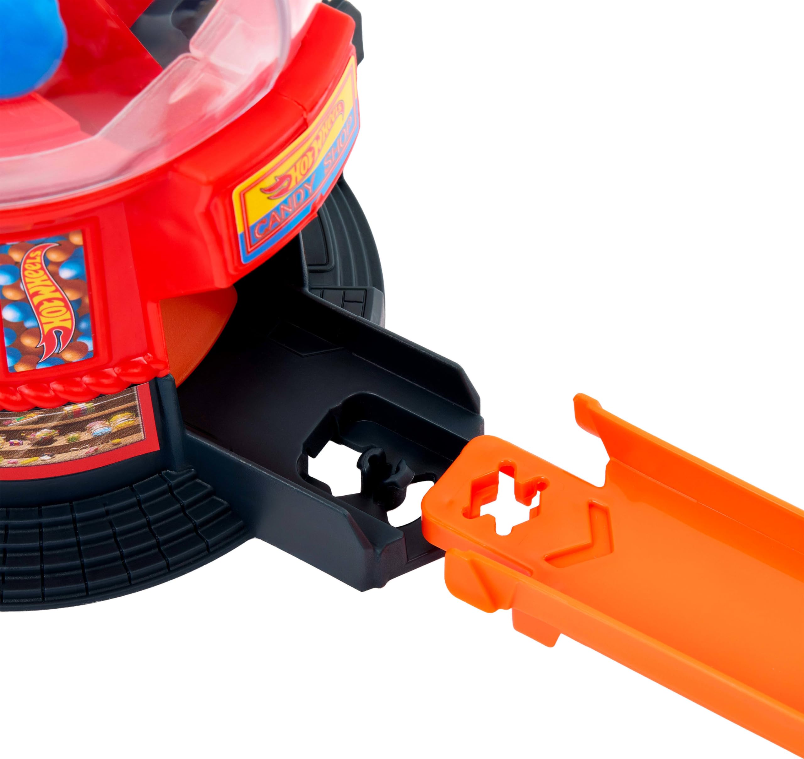 Hot Wheels - Negozio di Caramelle, Set Pista con rampa, Veicolo a Forma di Ciambella in Scala 1:64 Incluso e Speed Snap Track, Giocattolo per Bambini, 3+ Anni, JBM62