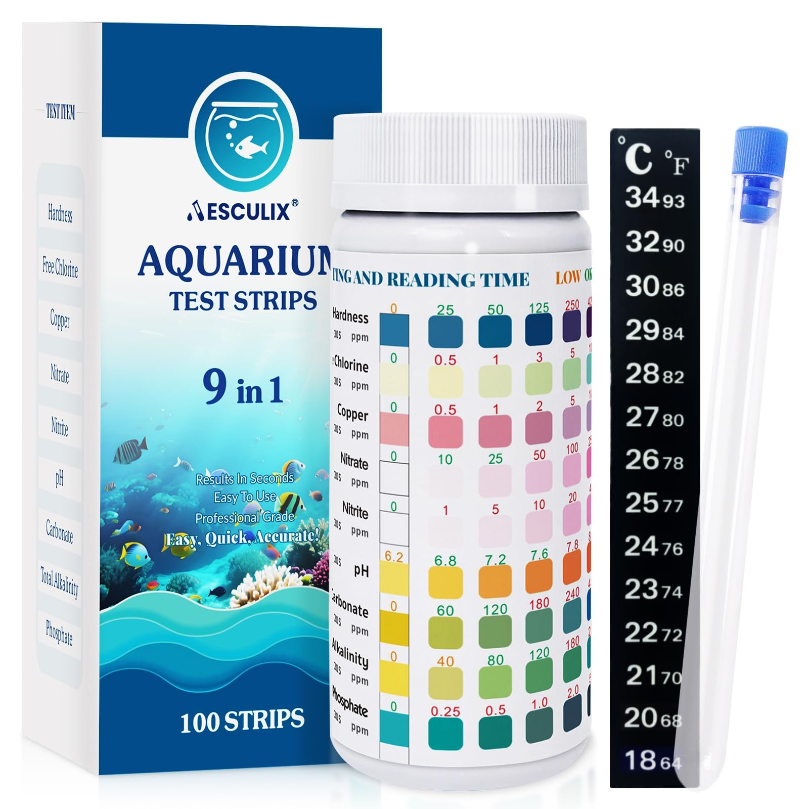 9 in 1 Aquarium Test Strips, 100 Count, Fish Tank Water Test Kit for Freshwater & Saltwater, Tests Nitrate, Nitrite, pH, KH, Total Alkalinity, Hardness, Free Chlorine, Copper & Phosphate