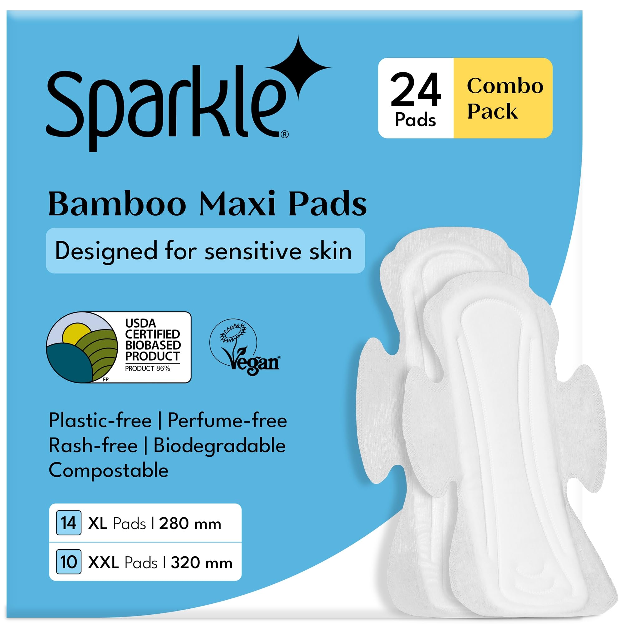 Sparkle Bamboo Maxi Pads | Plant Based Sanitary Pads for Women | Super Soft & Leak-Proof Sanitary Pads with Wings | USDA Certified Biobased, Chlorine-Free, Hypoallergenic | 24 Count, 14 Large + 10 Overnight-image-41