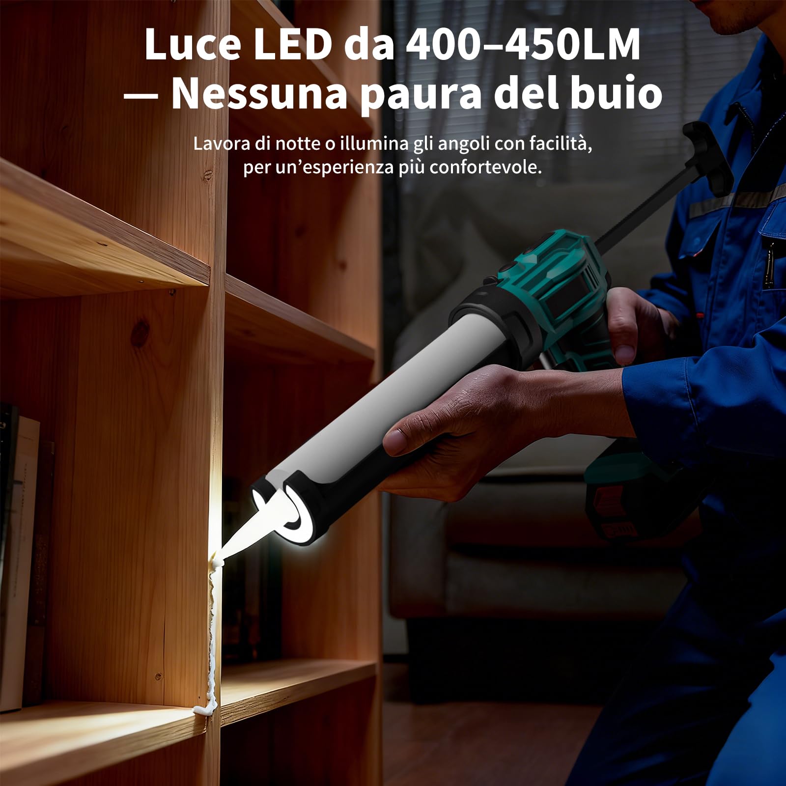 Pistola Elettrica per Silicone 18V, 300-310 ml, Senza Batteria | 4 velocità, funzione antigoccia, luce LED e dosaggio preciso, compatibile con batterie Makita 18V.