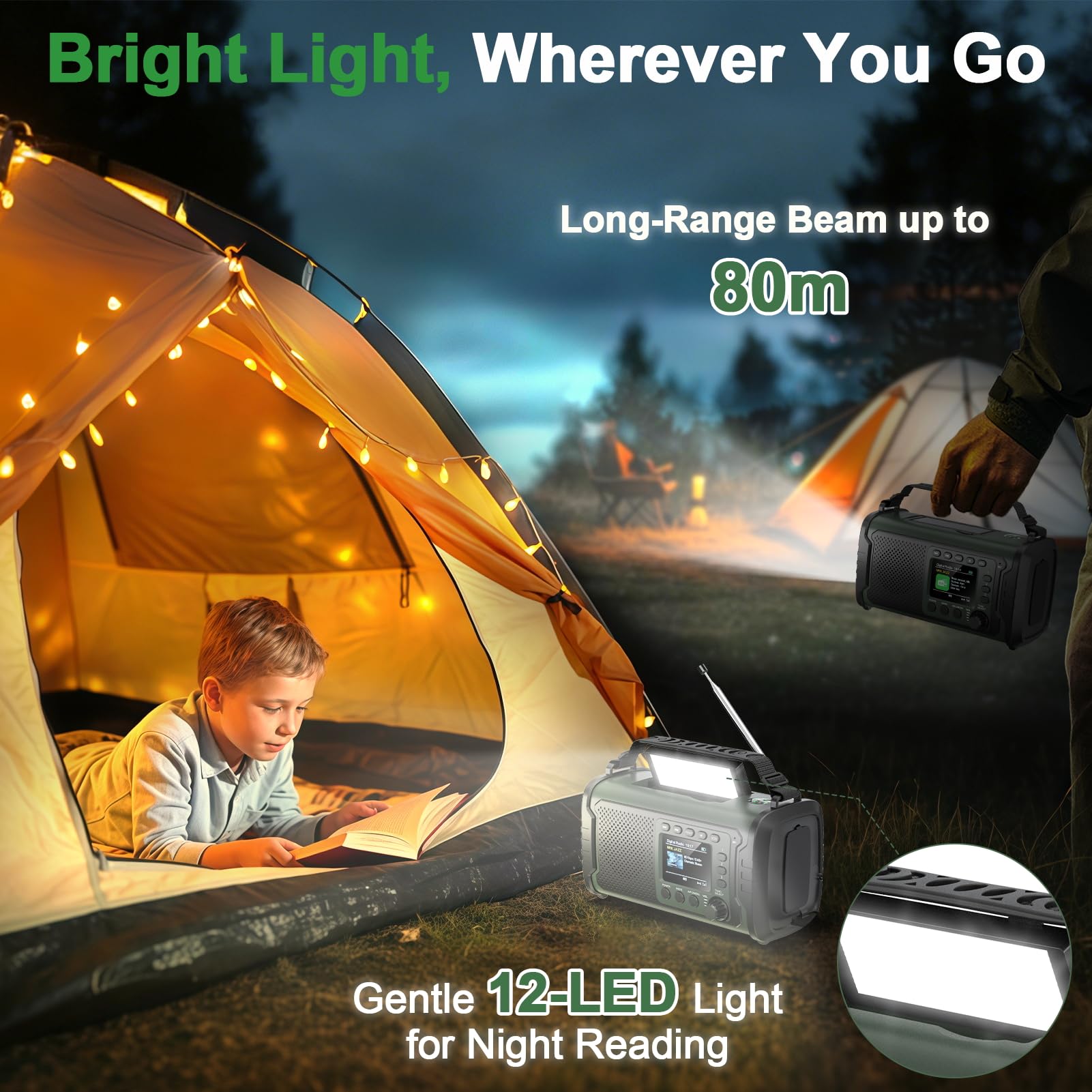 Radio di Emergenza DAB+/FM 27000mAh con Powerbank – Radio Solare e a Manovella con Bluetooth 5.3, SOS, Torcia e Luce Lettura per Campeggio e Blackout（Verde militare）