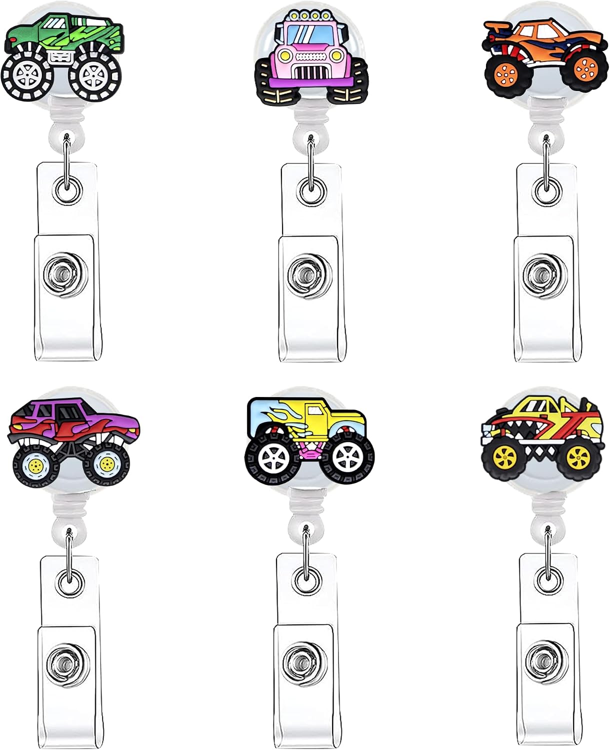6 Pcs Monster Truck Retractable Badge Holder Reel with Clip Cute Retractable ID Badge Clip Badge Holder for ID Card Holders for Office Staff Children and Kids