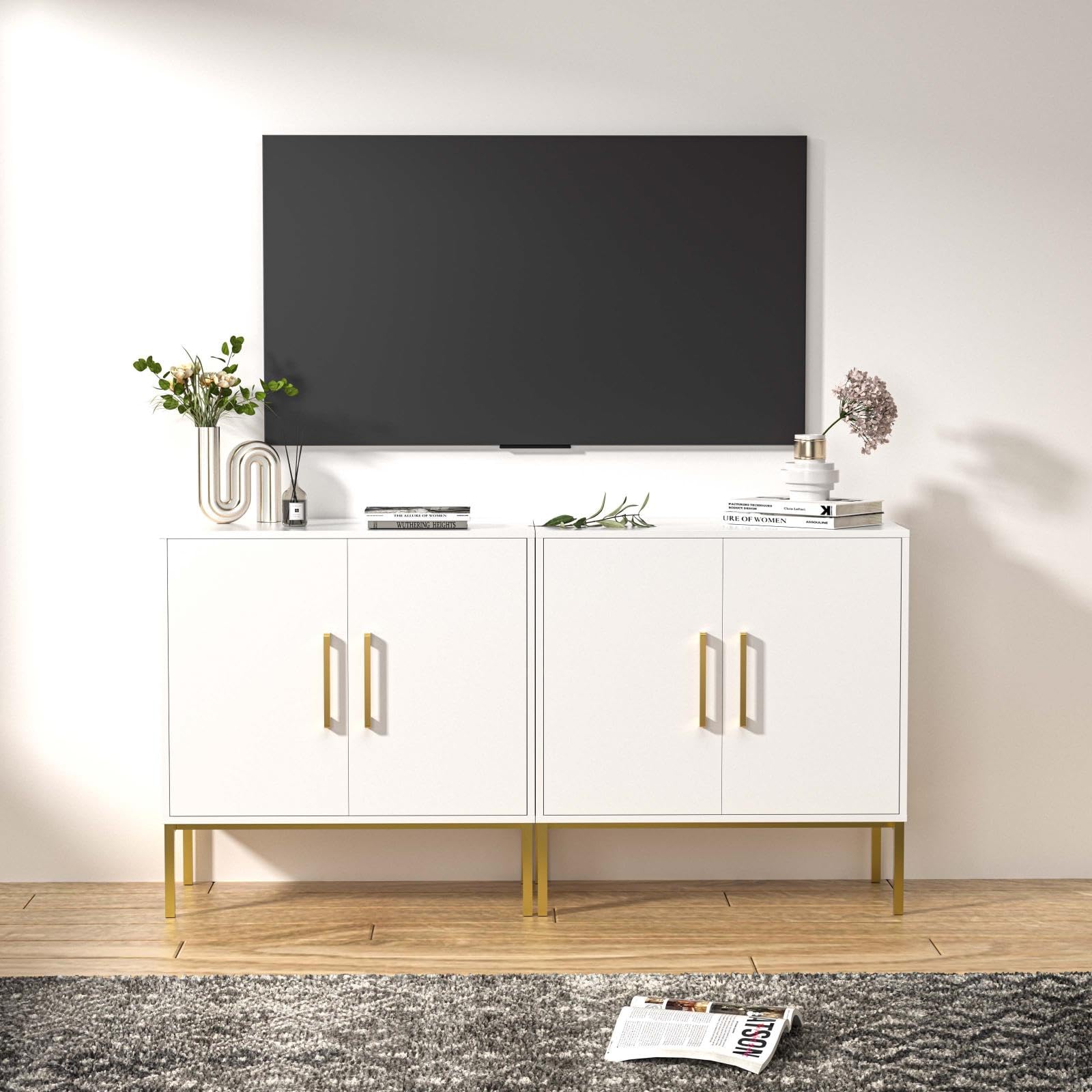 LYNSOM TV Stand for 55 Inch TV, Wood Entertainment Center with Storage Cabinet, TV Cabinet Black, Long Console Table for Living Room, Bedroom