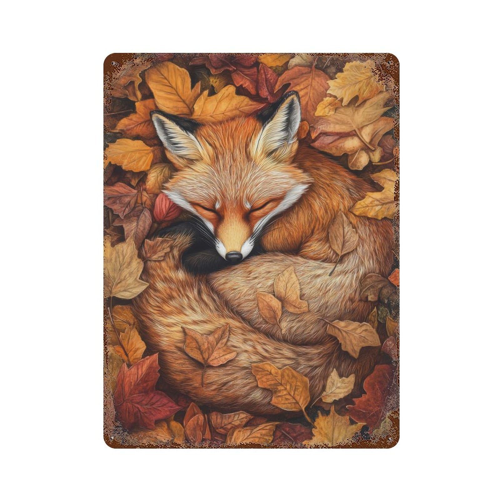 Sleeping Fox in Autumn Leaves Aged Metal Wall Plaque 15.7"x11.8", Decorative Metal Wall Art for Garage, Pub Or Kitchen