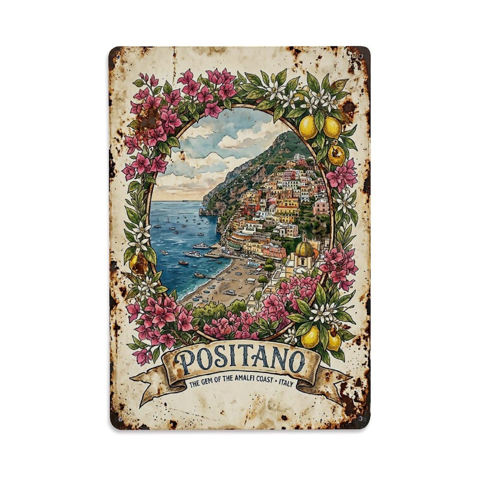 Huiyhb 8X12inch(20X30cm) Vintage Travel Positano Italy Floral Frame Coast Metal Tin Sign