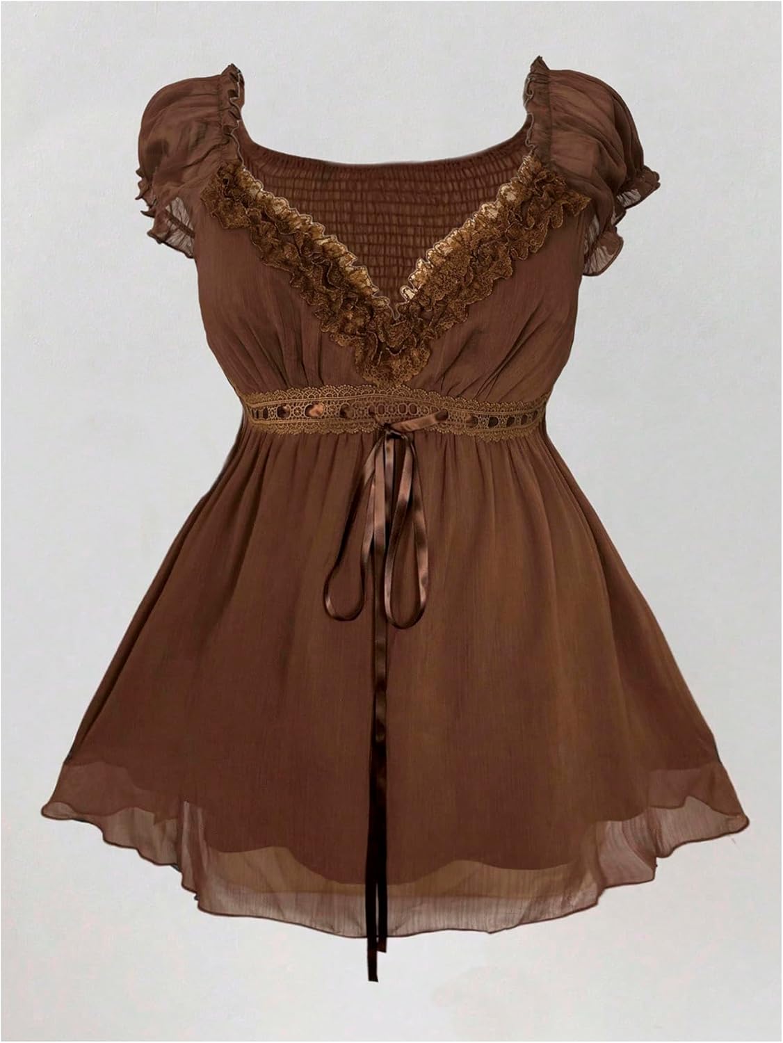 Verdusa Women's Plus Size Y2K Gothic Sheer Lace Blouse Puff Short Sleeve Shirred Ruffle Peplum Tops - Image 5