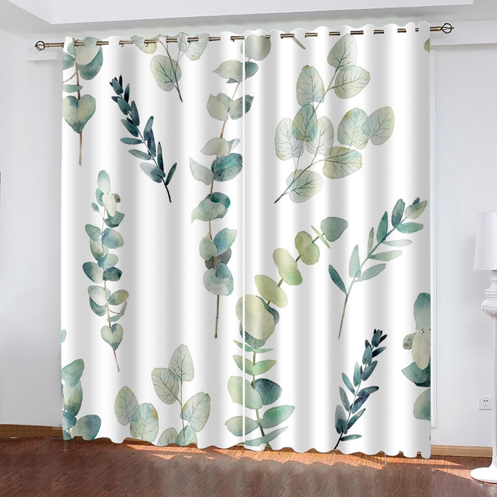 Rideau Salon Moderne, Rideaux Vert Blanc Polyester Branches Feuilles Décoration Chambre 107L x 214H CM Lot de 2