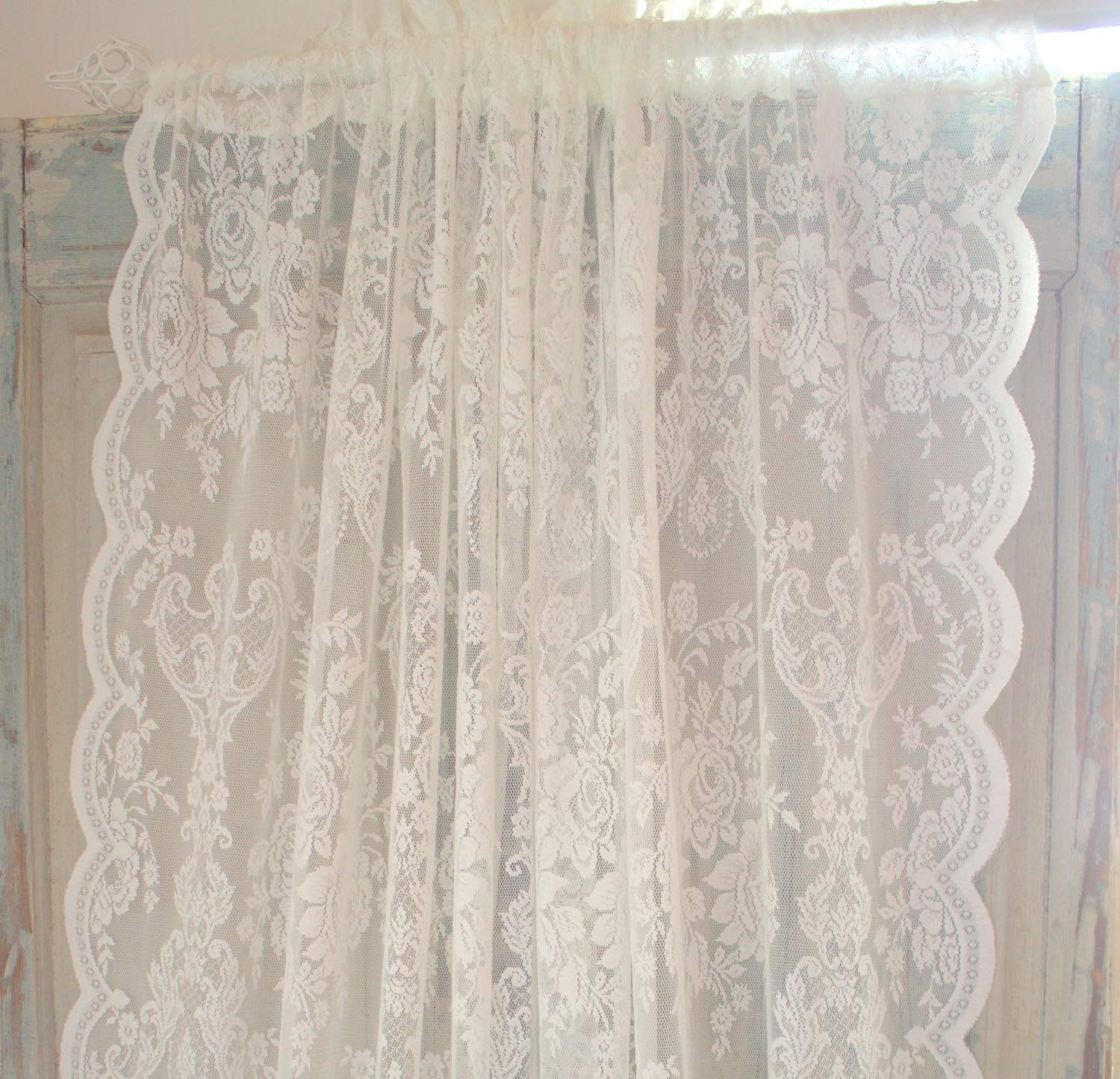 Offwhite Lucia Vorhang Spitzen Gardine Rosen 120x240 cm 2 Stück Gardinenshals Landhaus Shabby Vintag