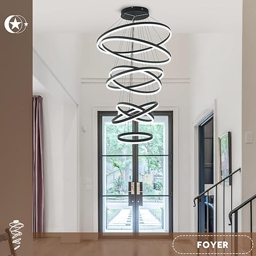 Miniatura 9 de XGZL  LIGHTING Candelabro LED moderno de 7 anillos D31.5 pulgadas, color negro, grande, contemporáneo, para escalera, lámparas regulables de techo