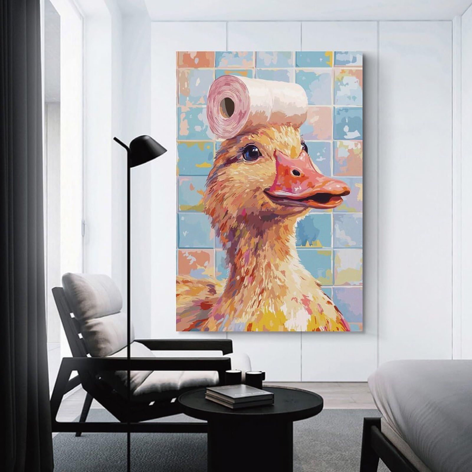 Junmoney Unframe-Style-23 Duck With Toilet Paper Hat Room Decor Wall Art 24X36inch(60X90cm), For Entrance Walls, Hall Decor Or Foyers, A Neat Decor Update For Hallways