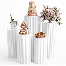 5 Pcs Metal Pleated Cylinder Pedestal Stands for Party, Metal Round Cylinder Plinths Dessert Table for Wedding Birthday Event Decor-White