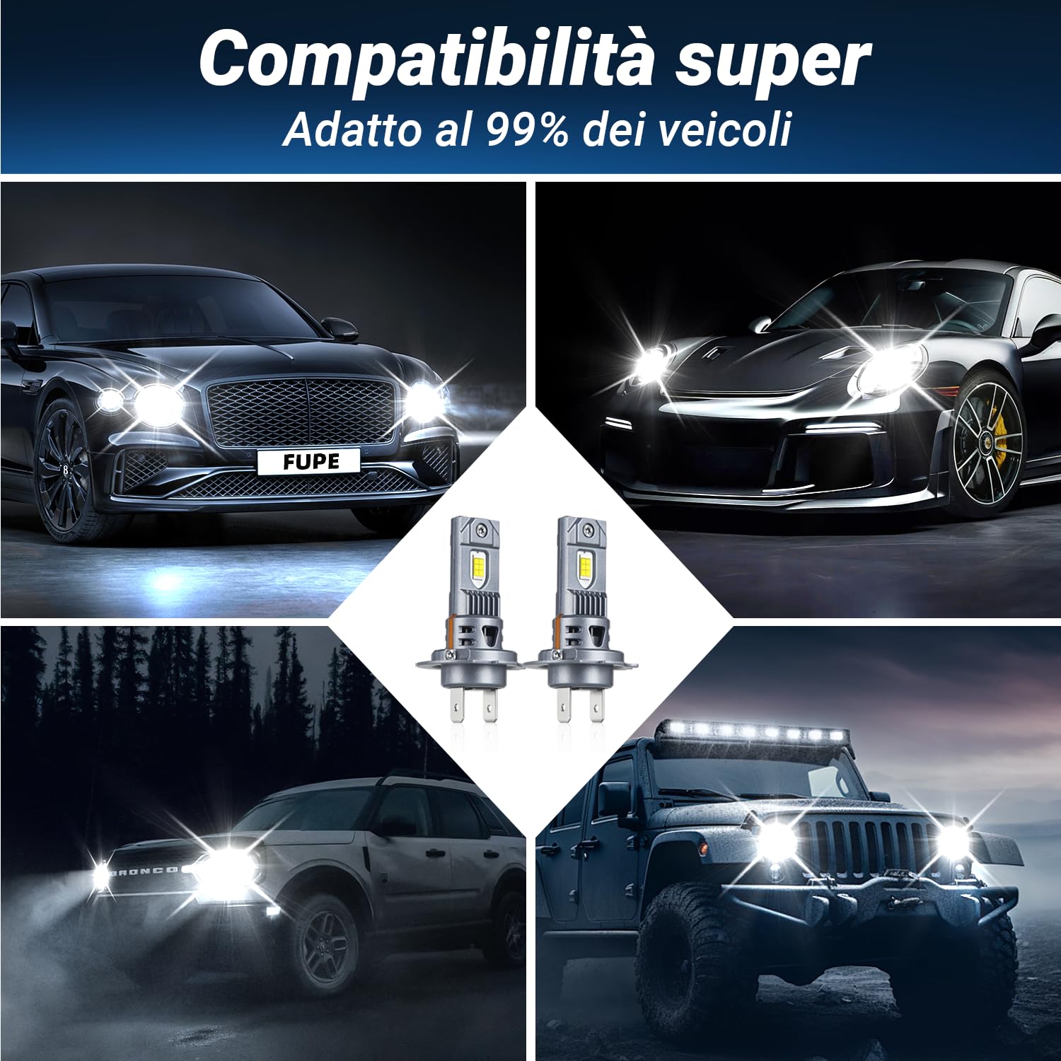 FUPE Lampadine LED H7 150W 52000LM, Kit Fari Auto 6500K Bianco Freddo con Sistema Anti-Errore CANBUS, Chip LED Alta Potenza IP67 Impermeabile, Ricambio Alogene per Auto e Moto, Confezione da 2
