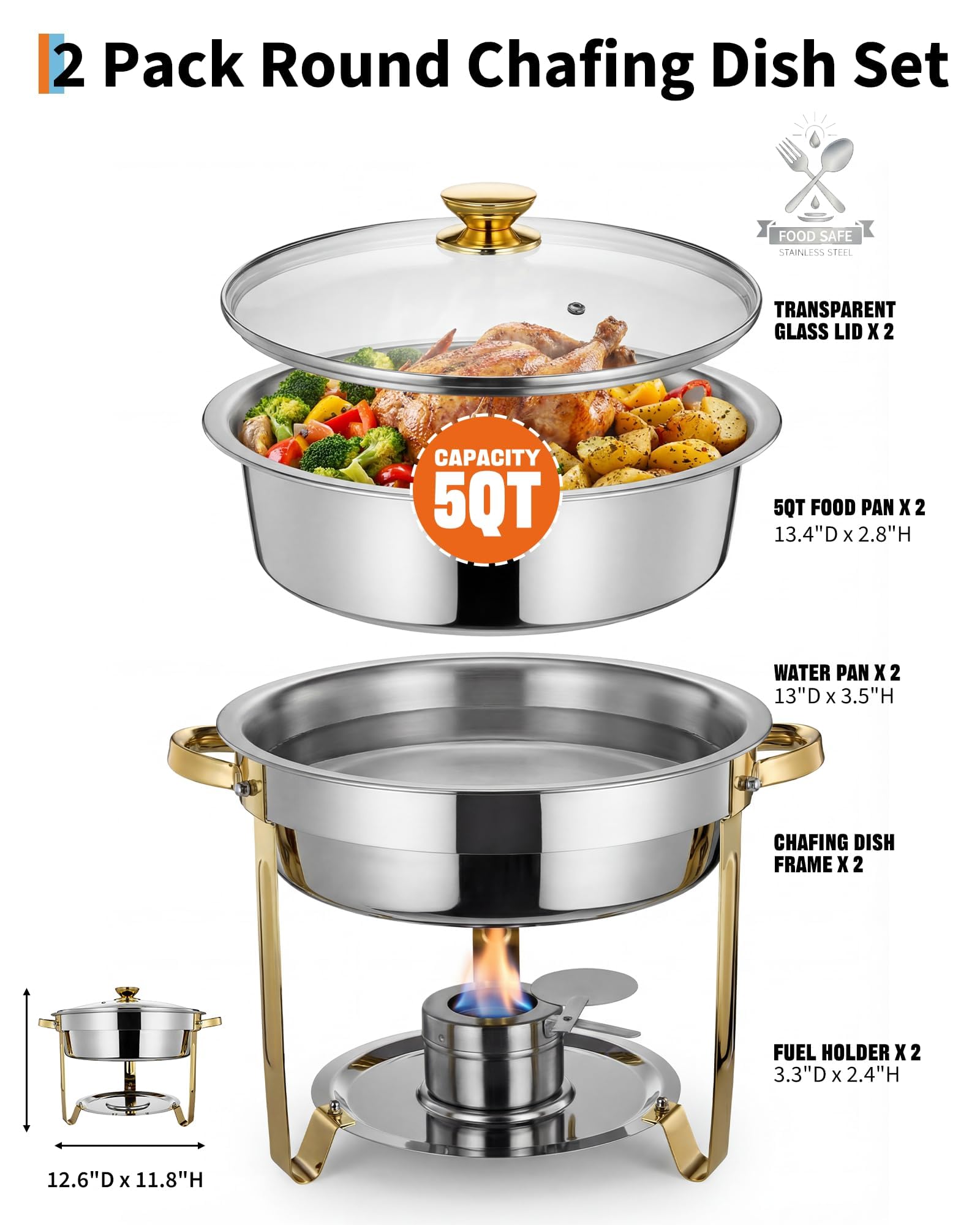 Scaldavivande rotondi in acciaio inox da 5 l, con coperchio e porta carburante, per buffet, feste, matrimoni, catering, banchetti, ideali per riscaldamento e raffreddamento, confezione da 2
