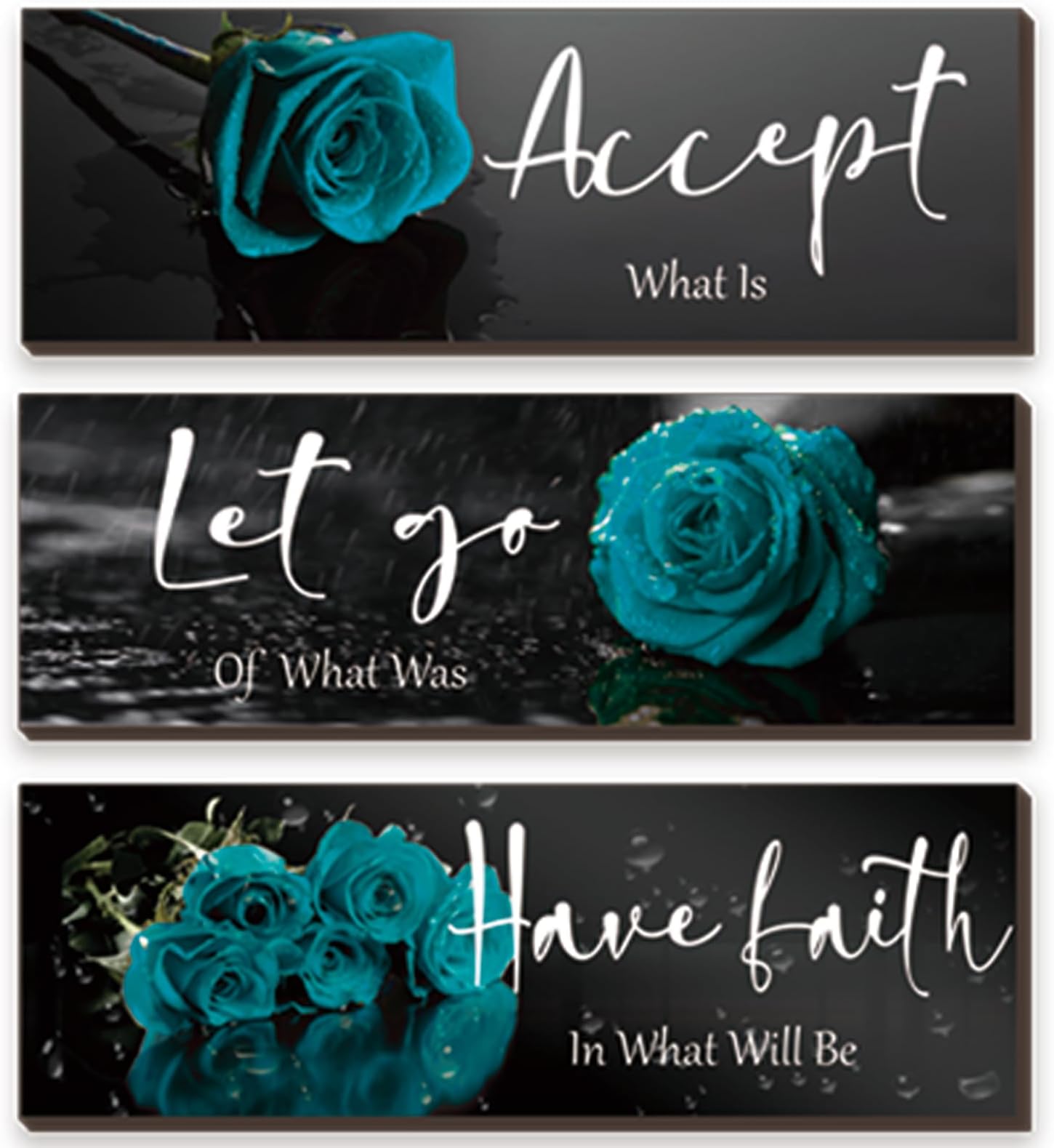 ZINYAZHE 3 Pcs Teal wall decor Inspirational Teal Bathroom Decor Wooden Rose Wall Art Turquoise Office Decoration with Accept Let Go Have Faith Quotes for Girl Women Bedroom 12 x 4 Inches