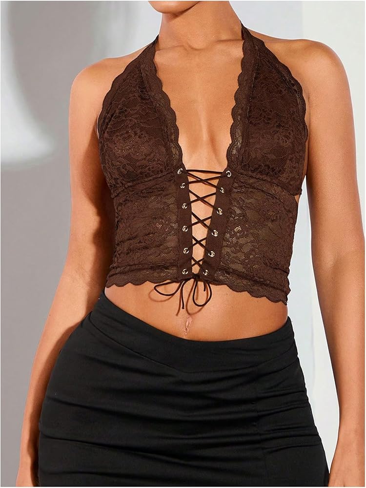 SOLY HUX Women's Sexy Lace Sheer Corset Top Halter Neck Tie Up