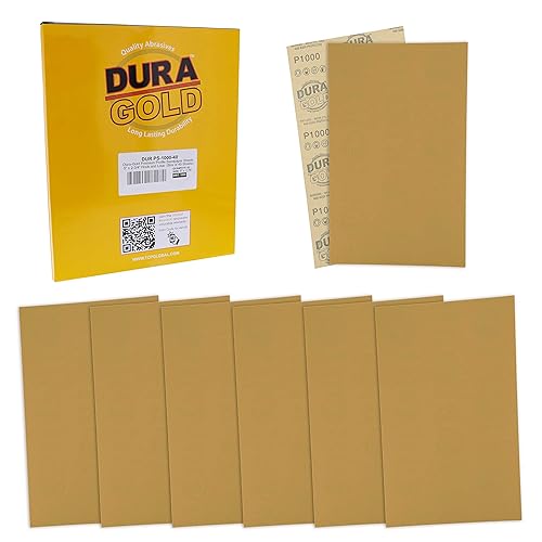 Dura-Gold Hojas de papel de lija doradas de 5 x 2.75 pulgadas, grano 1000 (caja de 40)  Parte trasera de gancho y bucle, carpintería para muebles de