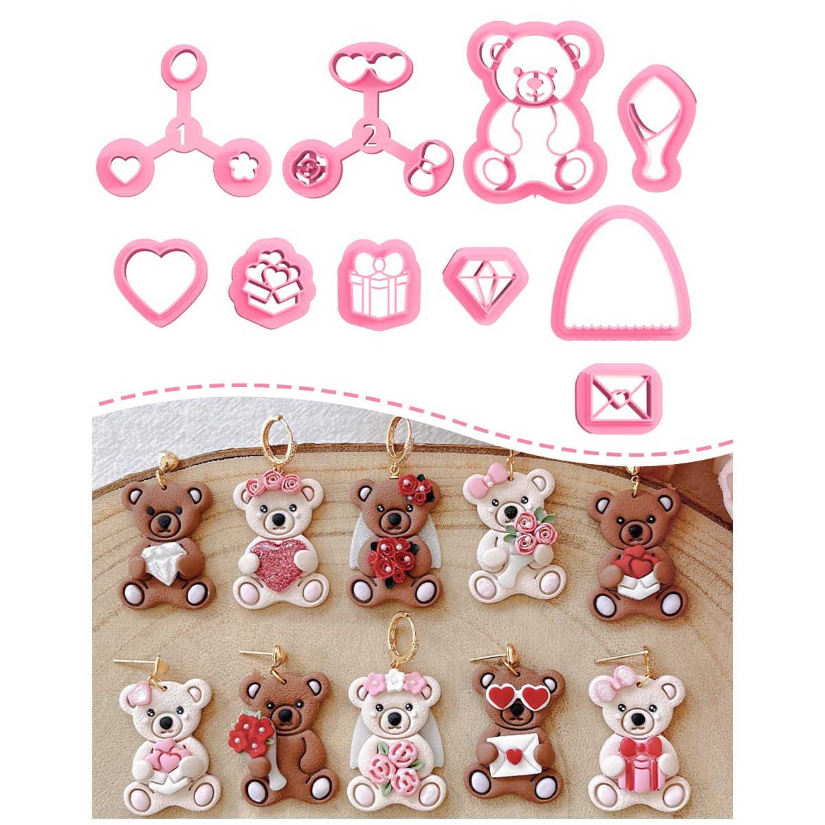 Valentines Teddy Bear Earring Clay Cutters, Valentines Day Polymer Clay Cutters for Earrings