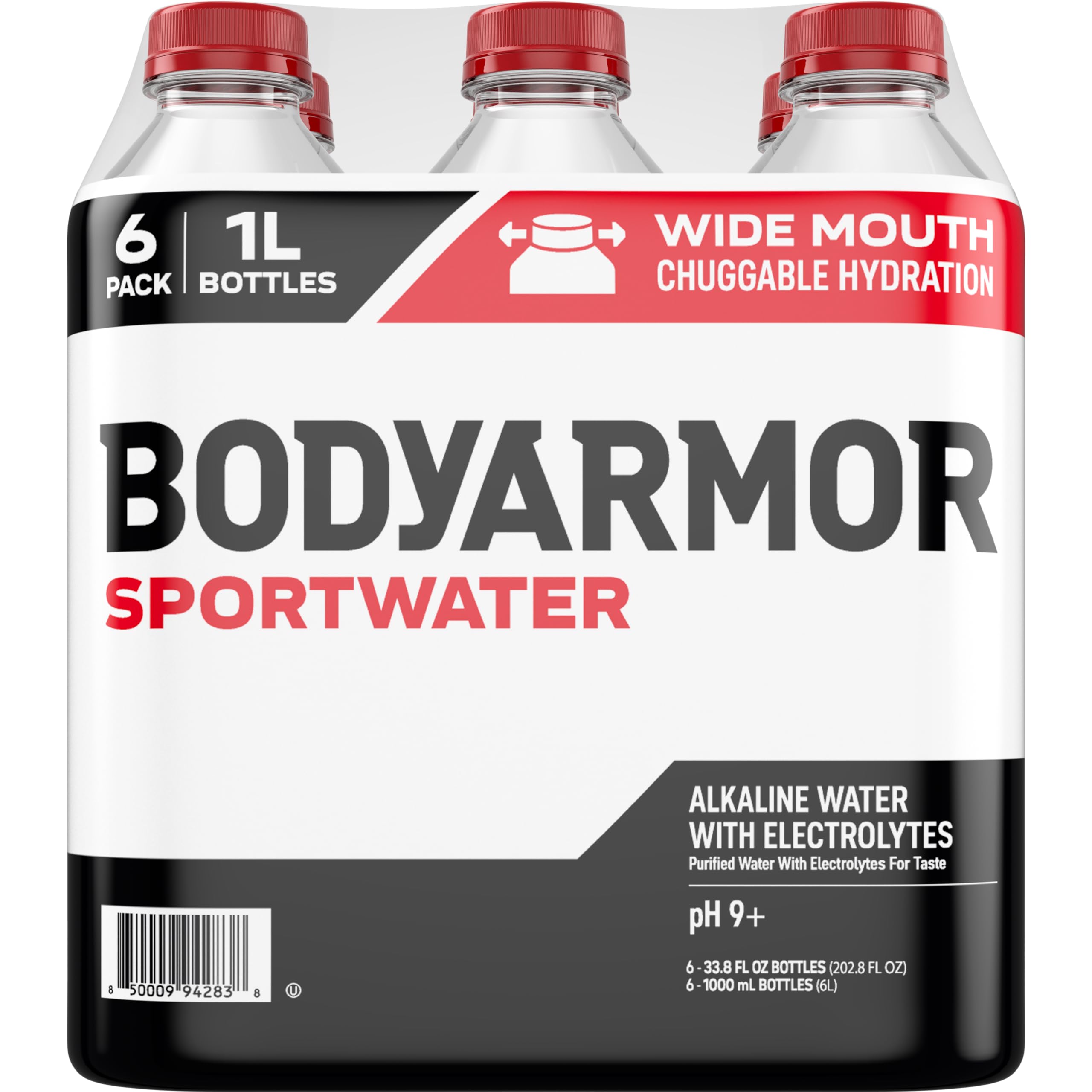 BODYARMOR SportWater Alkaline Water, Superior Hydration, High Alkaline Water pH 9+, Electrolytes, Perfect for your Active Lifestyle, 1 Liter (Pack of 6)
