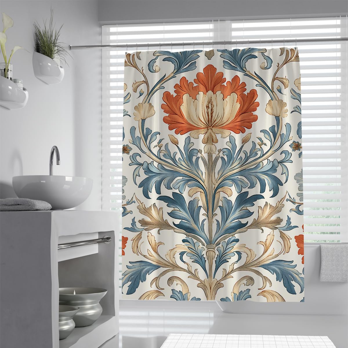 OLLIAR Home Boho Floral Shower Curtain 180x180 Vintage Plant Bathroom Decor Mid Century Shower Curtains for Bathroom Waterproof Machine Washable Bathtub Curtain Set