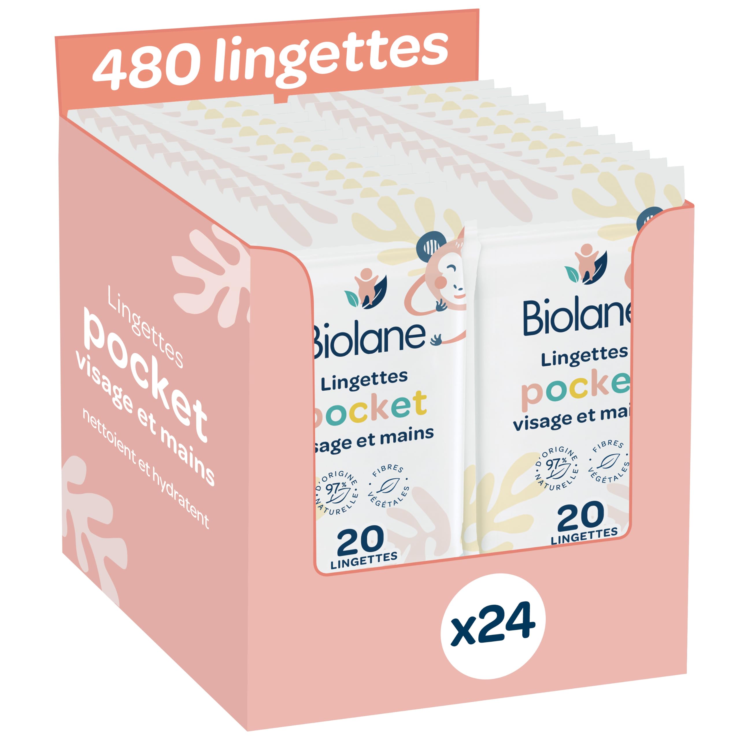 BIOLANE - Confezione da 24 salviette per neonati per viso e mani - 480 salviette detergenti (24 x 20) - Pulisce e protegge - Pelli sensibili - 97% di ingredienti naturali - Made in France