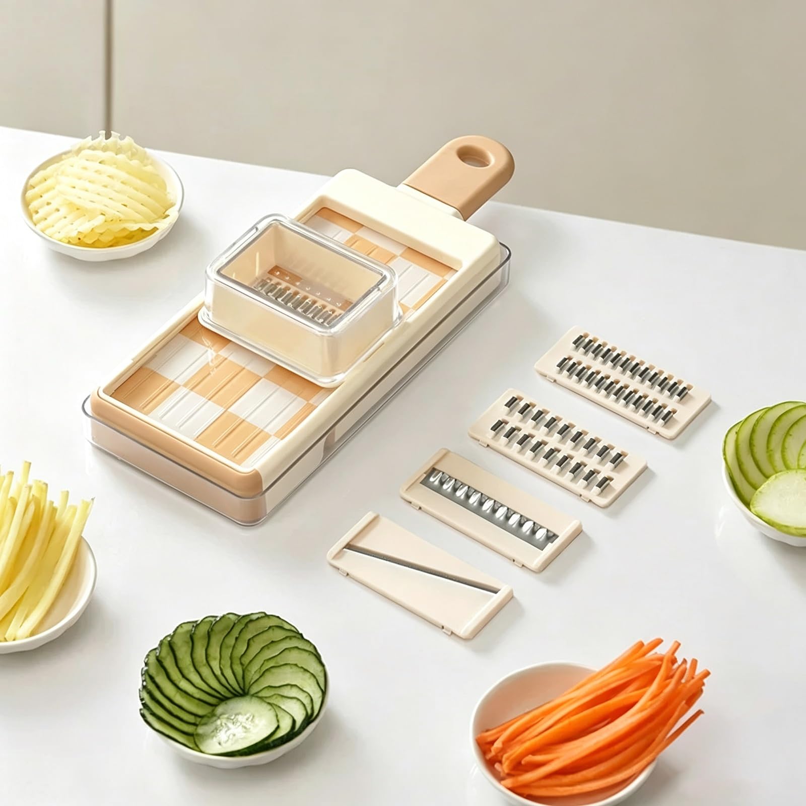 Mandolina de Cocina Profesional Cortador de Verdura, Mandolina Verduras, con Soporte para Alimentos, Cuchillas Ajustables Acero Inoxidable, Cortar Frutas y Verduras Rápidamente