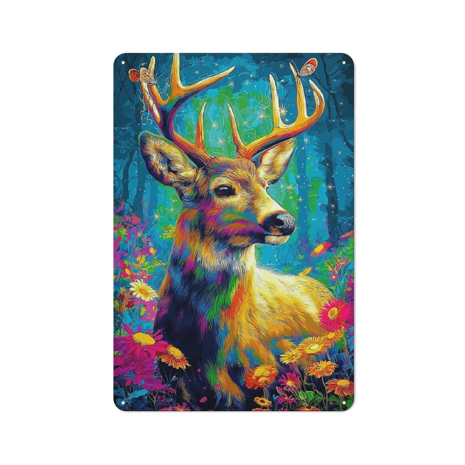 Junmoney Colorful Deer In Floral Forest Retro Metal Sign 30X20cm Featuring For Bar Or Restaurant, For Bar Decor Enthusiasts