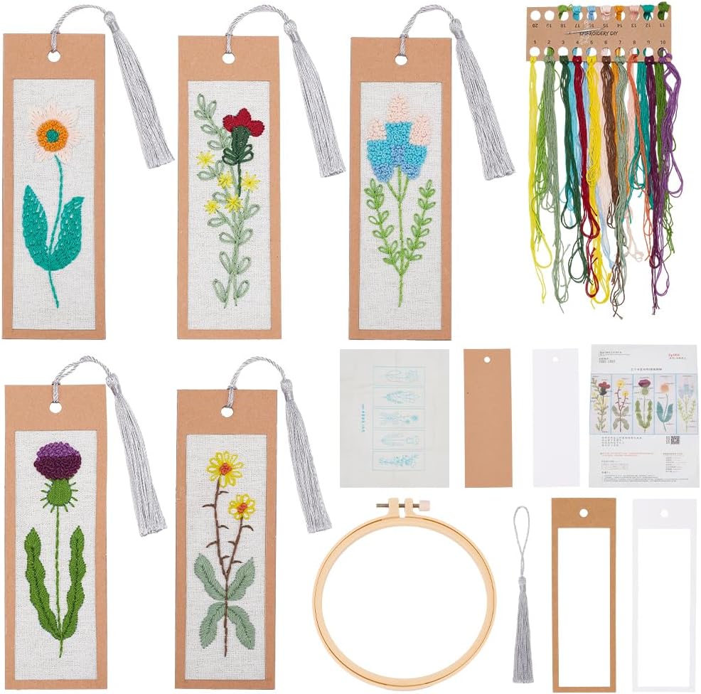 INFUNLY 5 Set Embroidery Bookmark Set Plant Book Marker Cross Stitch Kits DIY Hand Embroidery Bookmark Counted Cross Stitch Kit for Reading Teacher Gift Instruction Included