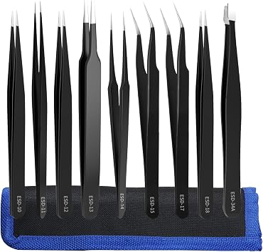 9pcs precision tweezers set, anti-static tweezers set, ESD stainless steel tweezers set, with storage bag