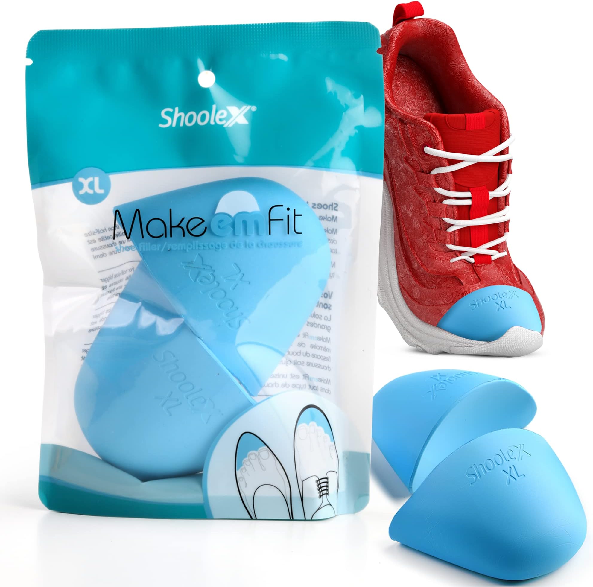 Shoolex Make Em Fit Shoe Filler for Too Big Shoes โ Memory Foam Toe Cushion Inserts, Shoe Size Reducer for Half to Full Size Too Big, Men and Women, Sport Dress Casual High Heels (X-Large)