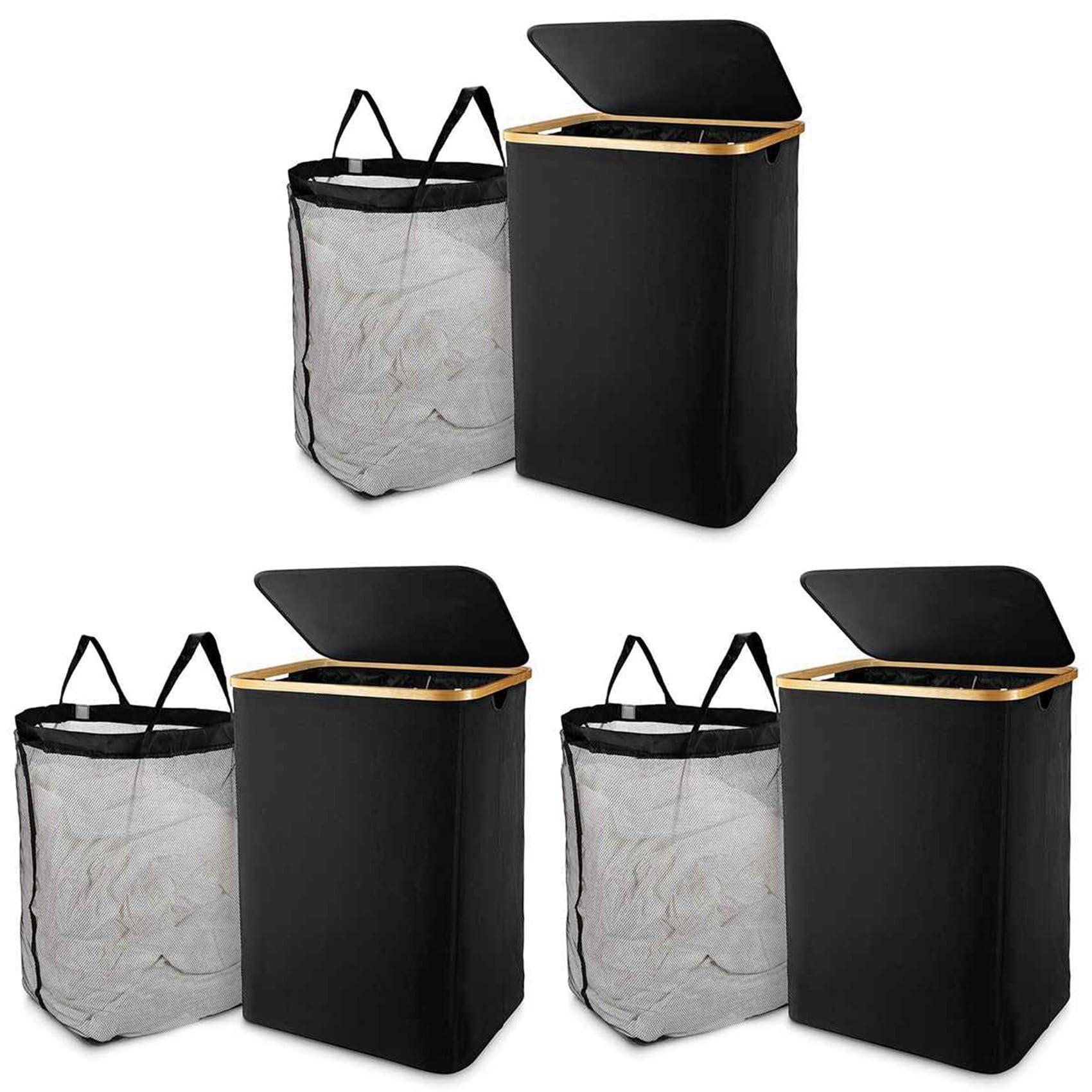 Panier à linge avec couvercle lot de 3 noir et sacs amovibles pour trier