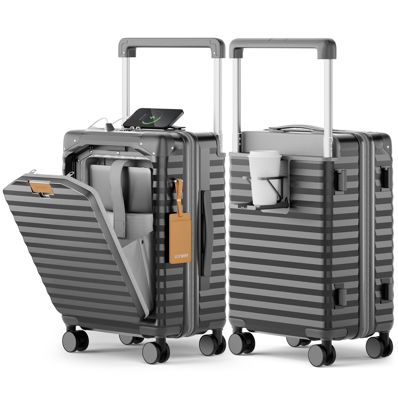 Joyway 20 Inch Carry on Luggage with Front Pocket, PC Hardshell Carry-on Suitcase with USB Port and Cup Holder, 21.5x14.2x9 Airline Approved, Luggage with Spinner Wheels and TSA Lock (Grey)