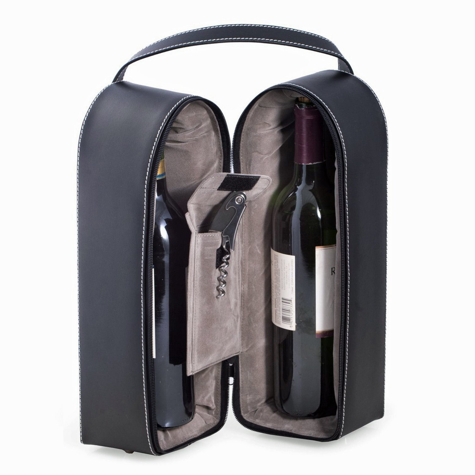 Wine Holders - Black Leather Wine Holder for Two Bottles & BAR Tool - Wine Caddy
