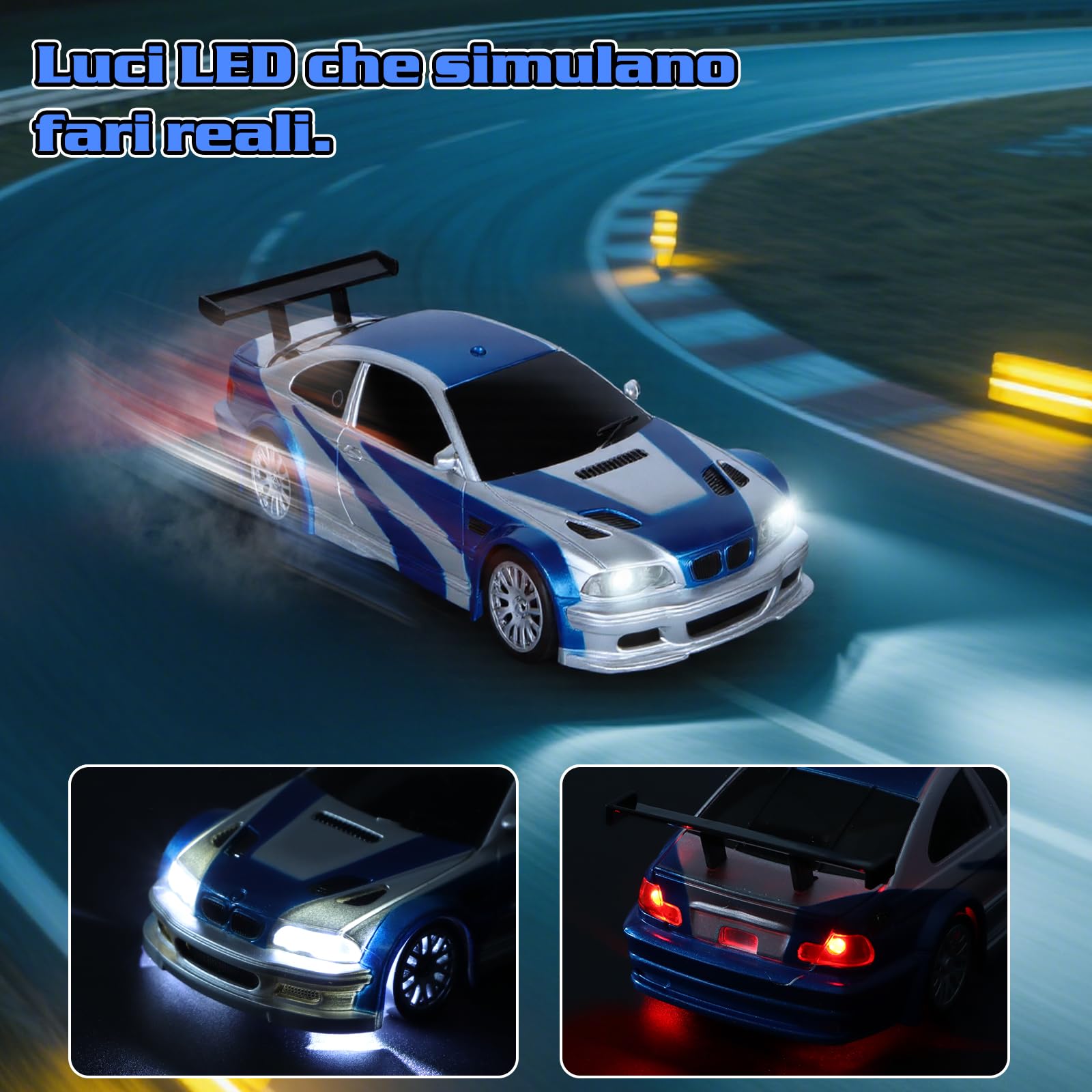 JONRRYIN RC Auto Drift Pro 1:43, Macchina Telecomandata Drift, Mini Drift Car, Micro Macchina Telecomandata con Luce LED, 15km/h, Auto Giocattolo per Bambini di 14 Anni (Blu Pro-Gyro)