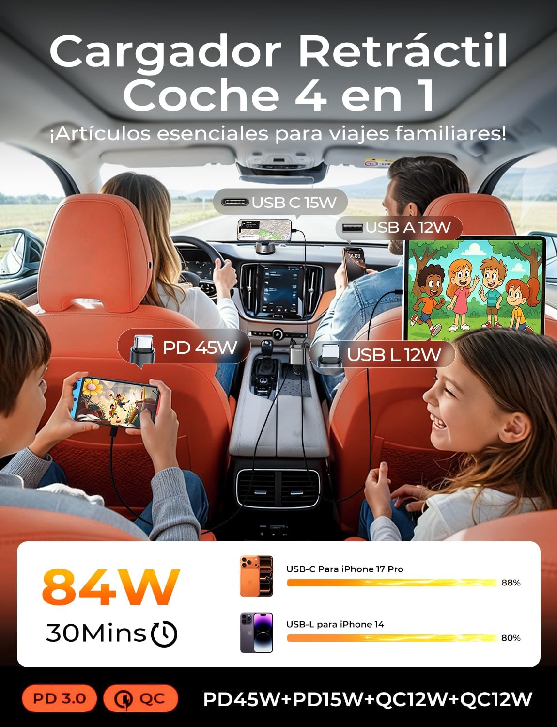 LISEN Retráctil Cargador Coche Carga Rápida 84W Accesorios Coche Camper Electrónicos Flash del Dia, PD45W USB-C Cargador Mechero Gadgets 12/24V para iPhone 17 13 Xiaomi iPad Tablet Kindle Auriculares 5