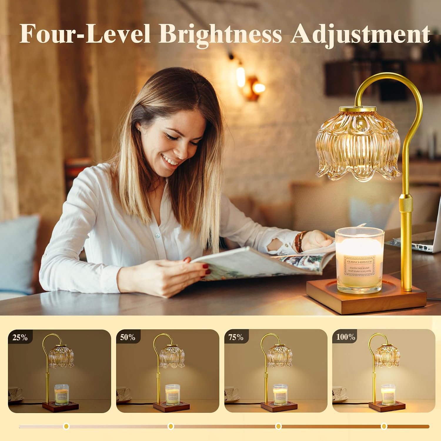 Shevvi Candle Warmer Lamp with Timer, Dimmable Candle Warmer for Jar Candles, Gifts for Women Mom, Height Adjustable Wax Melt Warmer, House Warming Birthday Gift, New Home Decor, Walnut Gold