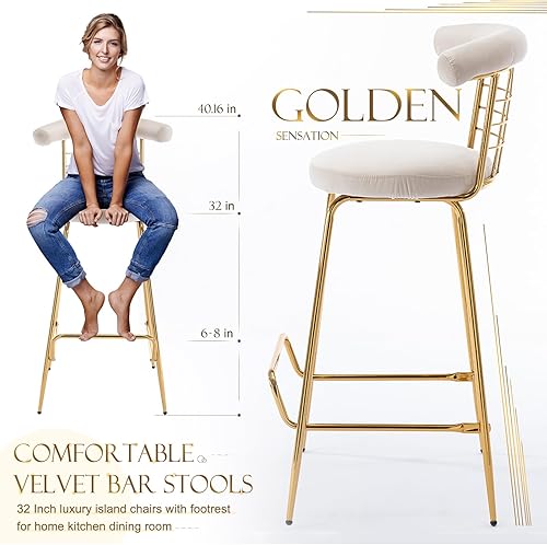 Miniatura 2 de Aimerive Taburetes de bar con respaldo, taburete moderno de terciopelo de lujo con respaldo de 32 pulgadas de altura del asiento, taburetes de isla