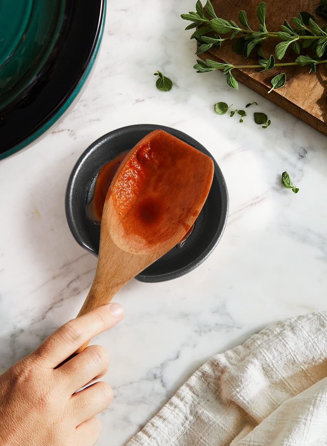 LE TAUCI Ceramic Spoon Rest with Holder, 4.8 Inches Spoon Rest for Stove Top, Utensil Rest for Kitchen Counter, Coffee Spoon Holder, Set of 4, Crude Black
