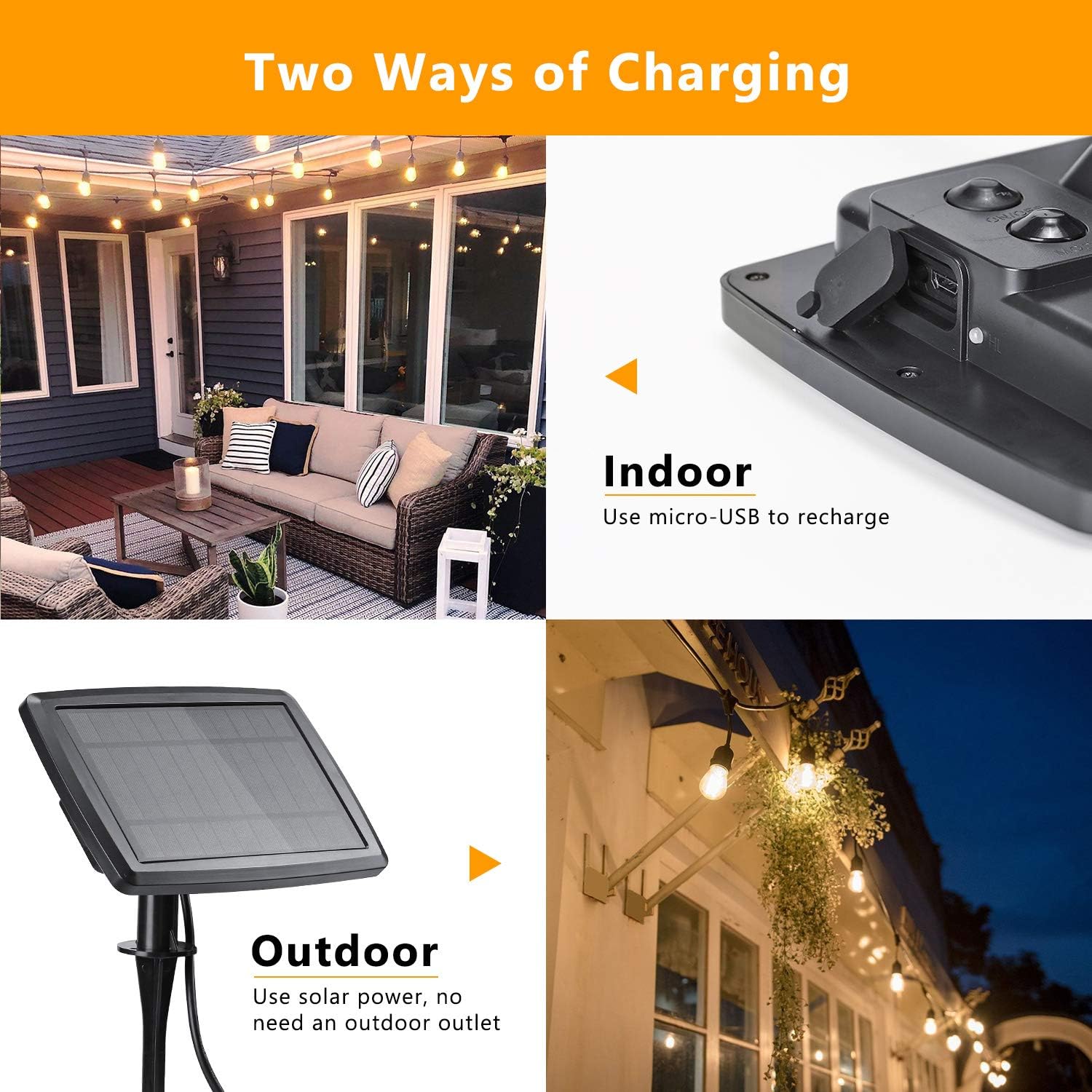 Joomer Solar String Lights Outdoor,39 Ft S14 Globe Patio Lights with 16 Shatterproof Edison Vintage Bulb Commercial Grade Waterproof Solar USB String Lights for Bistro Gazebo Warm White(2700K), E26