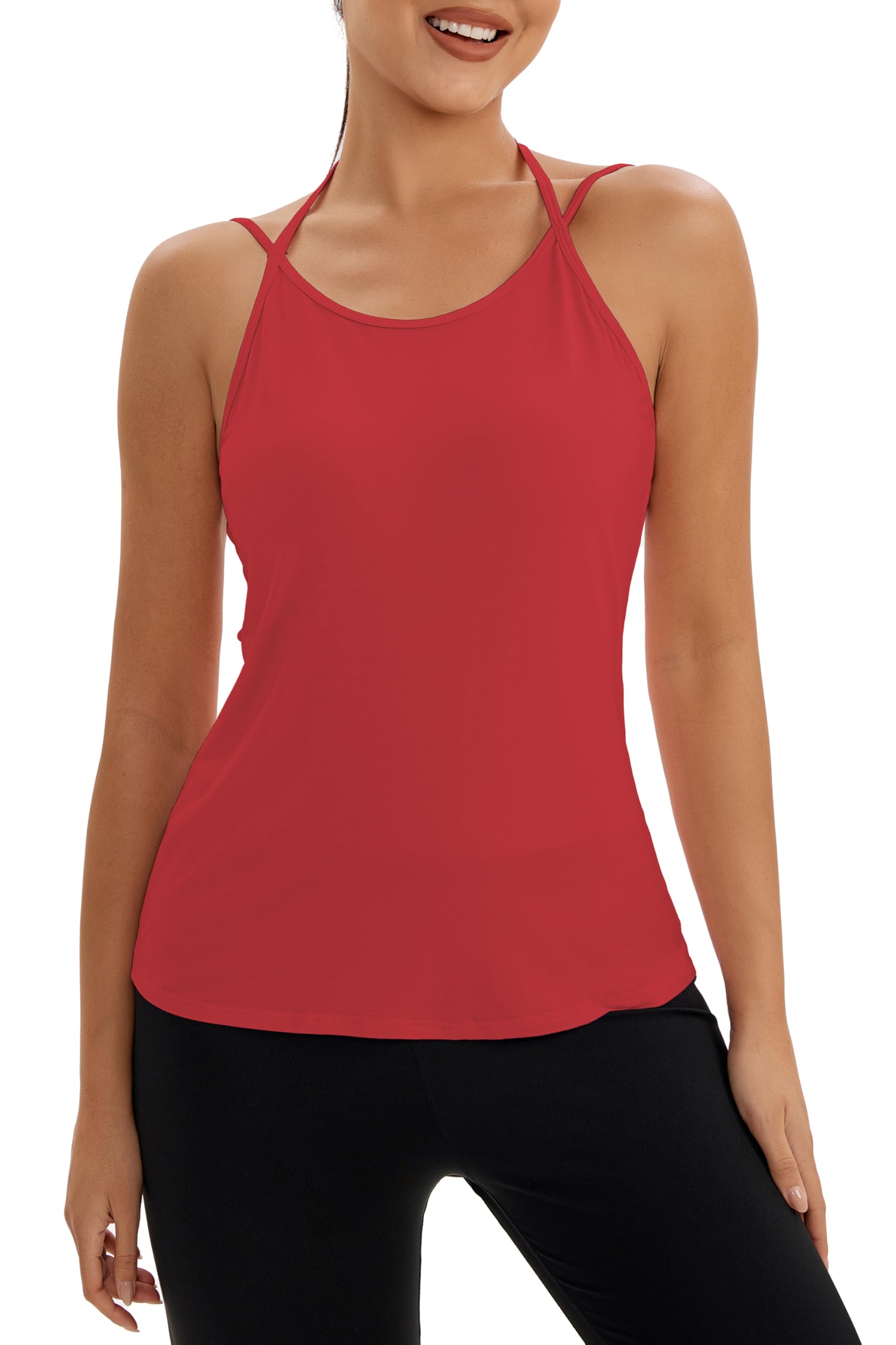 Bestisun Camiseta de yoga con espalda abierta y tirantes delgados para mujer